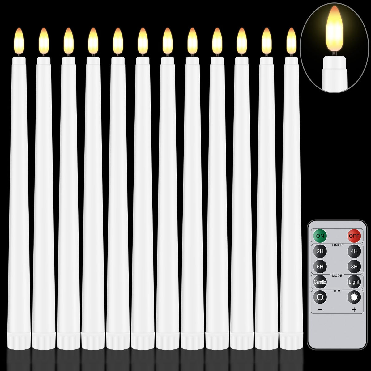 Warmhere 12 Pcs Flameless Taper Candles with Remote Timer, 11" Long Battery Operated Taper Candles, Flickering 3D Flame, Plastic Fake LED Candlesticks for Home Wedding Party Holiday Decor, White