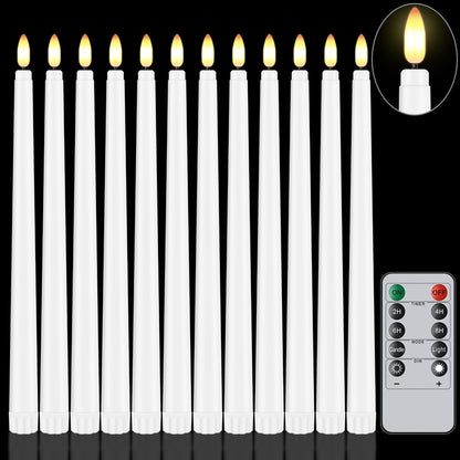 Warmhere 12 Pcs Flameless Taper Candles with Remote Timer, 11" Long Battery Operated Taper Candles, Flickering 3D Flame, Plastic Fake LED Candlesticks for Home Wedding Party Holiday Decor, White