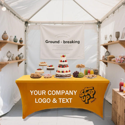 Ddrihles Custom Table Cloth with Business Logo Text Photo,Personalized 4/5/6/8 FT Stretch Table Cloths,Custom Table Cloth for Events Birthday Party Wedding Decor (4FT)