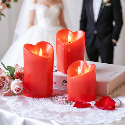 Valentine Day Flameless Pillar Candles with Remote, Real Wax Battery Operated Candles, Heart Shape LED Candle for Romantic Night Valentines Gifts Proposal Anniversary Festival Gift Decor(3 Pack)