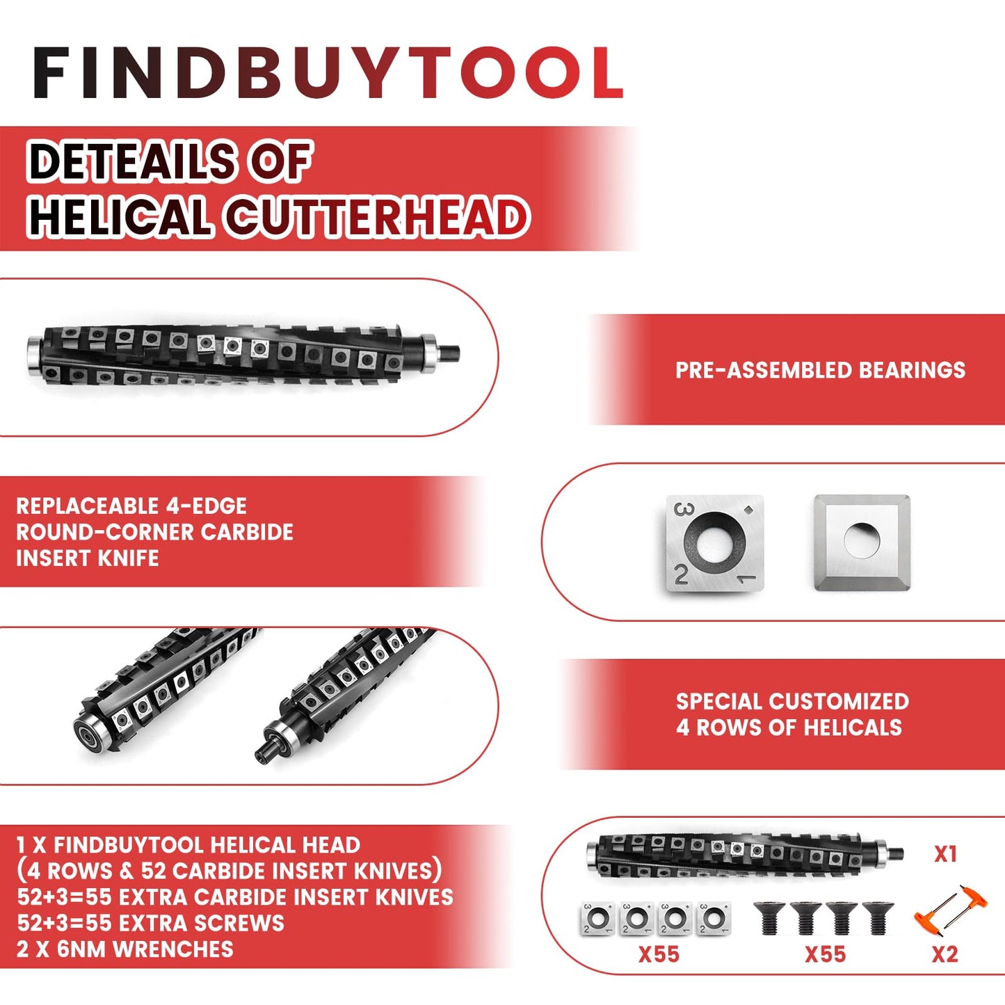 FINDBUYTOOL Helical Cutterhead for Makita 2012NB 12inch Planer with 52 Carbide Inserts, Low Noise, Superior Finish, Easy Replacement and Durable