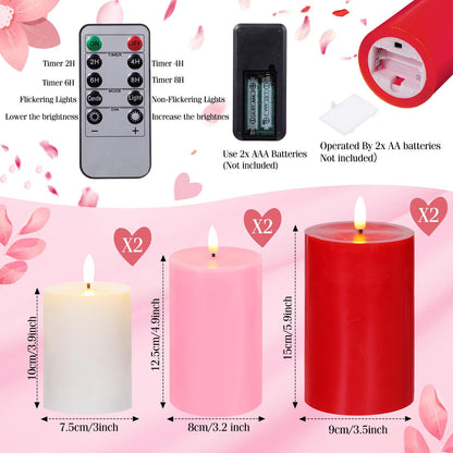 Grinsvalley 6 Pcs Mother's Day Flameless Candles LED Flameless Pillar Candles Wax LED Fake Candle with Remote and Timer Flickering H 4" 5" 6" for Home Table Dating Wedding Party Decor