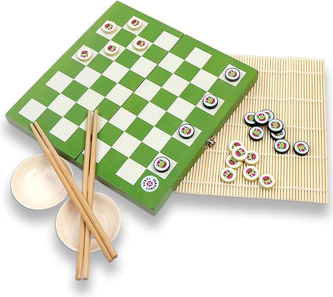 Project Genius: Sushi Checkers - Game &amp Sushi Making Set Folding Bamboo Game Board 24 Checkers &amp Chopsticks Set Adults &amp Kids Ages 8+ 2 Players