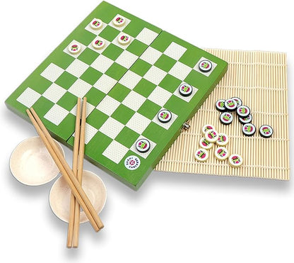 Project Genius: Sushi Checkers - Game &amp Sushi Making Set Folding Bamboo Game Board 24 Checkers &amp Chopsticks Set Adults &amp Kids Ages 8+ 2 Players