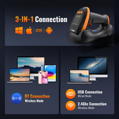 Tera Barcode Scanner Wireless with Screen: Pro Version 1D 2D QR with Setting Keypad Charging Cradle Works with Bluetooth 2.4G Wireless USB Wired Handheld Bar Code Reader HW0009
