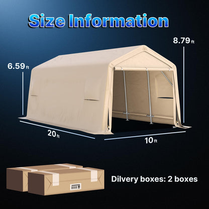 ADVANCE OUTDOOR Heavy Duty 10X20 ft Carport Outdoor Patio Portable Canopy Storage Shelter Shed with 2 Rolled up Zipper Doors & Vents for Snowmobile Garden Tools, Beige