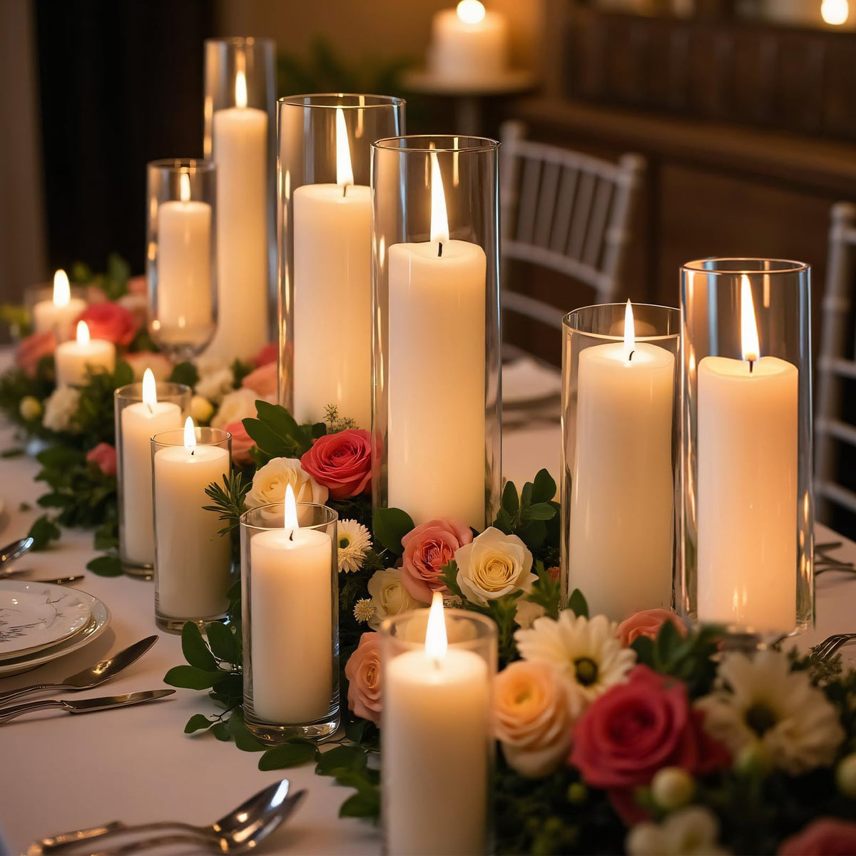 72 PCS White Pillar Candles with Glass Candle Holders Clear Hurricane Candle Holders Glass Cylinder Vases for Centerpieces Wedding Party, Event, Home Office (36 Candles+36 Candle Hoders)