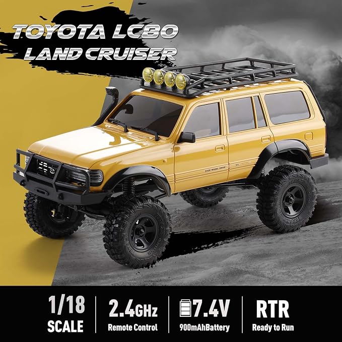 EAZYRC FMS Fcx18 1/18 Land Cruiser 80 Toyota RC Rock Crawler RTR 4x4 Off-Road Waterproof Hobby Grade RC Trucks All Terrains for Adults and Beginner(Yellow)