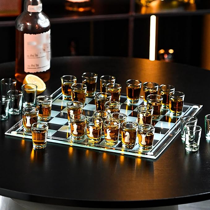 Shot Glass Chess Set – 13.78 Chess Board with 32 Mini 1.89 Shot Glass Pieces Fun Drinking Chess Game for Adults Party Game &amp Novelty Gift
