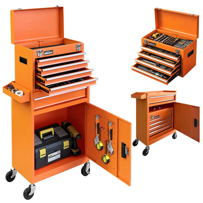 SEKAM 5-Drawer Rolling Tool Chest with Wheels, Tool Cabinet Combo with Top Chest, Bottom Drawer, Locking Door, Side Tray, Pegboard, Hooks for Garage Workshop