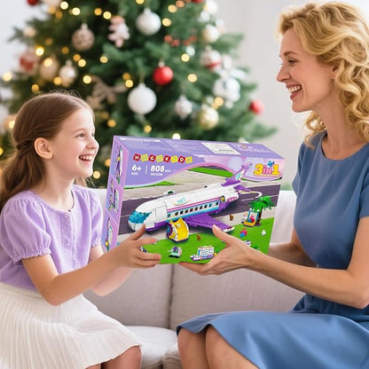HOGOKIDS 3-in-1 Friends Airplane Building Toy Set - 808PCS Plane/Boat/Camper Van Building Toys with Cute 6 Mini Animals Slide Fun Accessories and Stickers Birthday Gifts for Girls Boys Age 8-12+