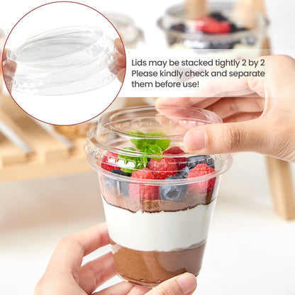Jycnolm 100 Pack 9 oz Plastic Dessert Cups with Lids, Small Plastic Yogurt Parfait Cups, Mini Round Party Serving Cup for Pudding, Fruit, Cake, Appetizer, Dessert Shot Glasses