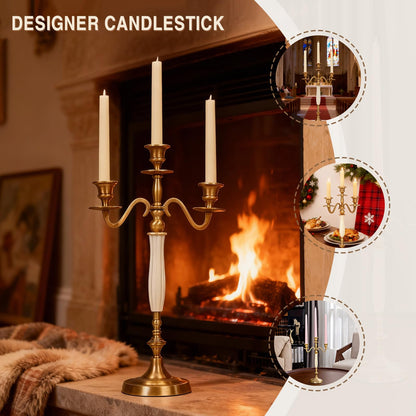 3 Arms Brass Plated Metal Candelabra Candle Stand Candlestick Holder for Wedding Dining Table Christmas Party and Indoor Home Decoration