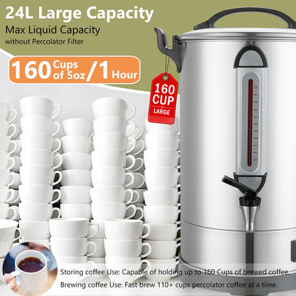 Commercial Coffee Urn 160 Cups Hot Beverage Dispenser 24L Large Coffee Urn Stainless Steel Coffee Maker Dual Layers for Coffee Break Business Catering Church Restaurant