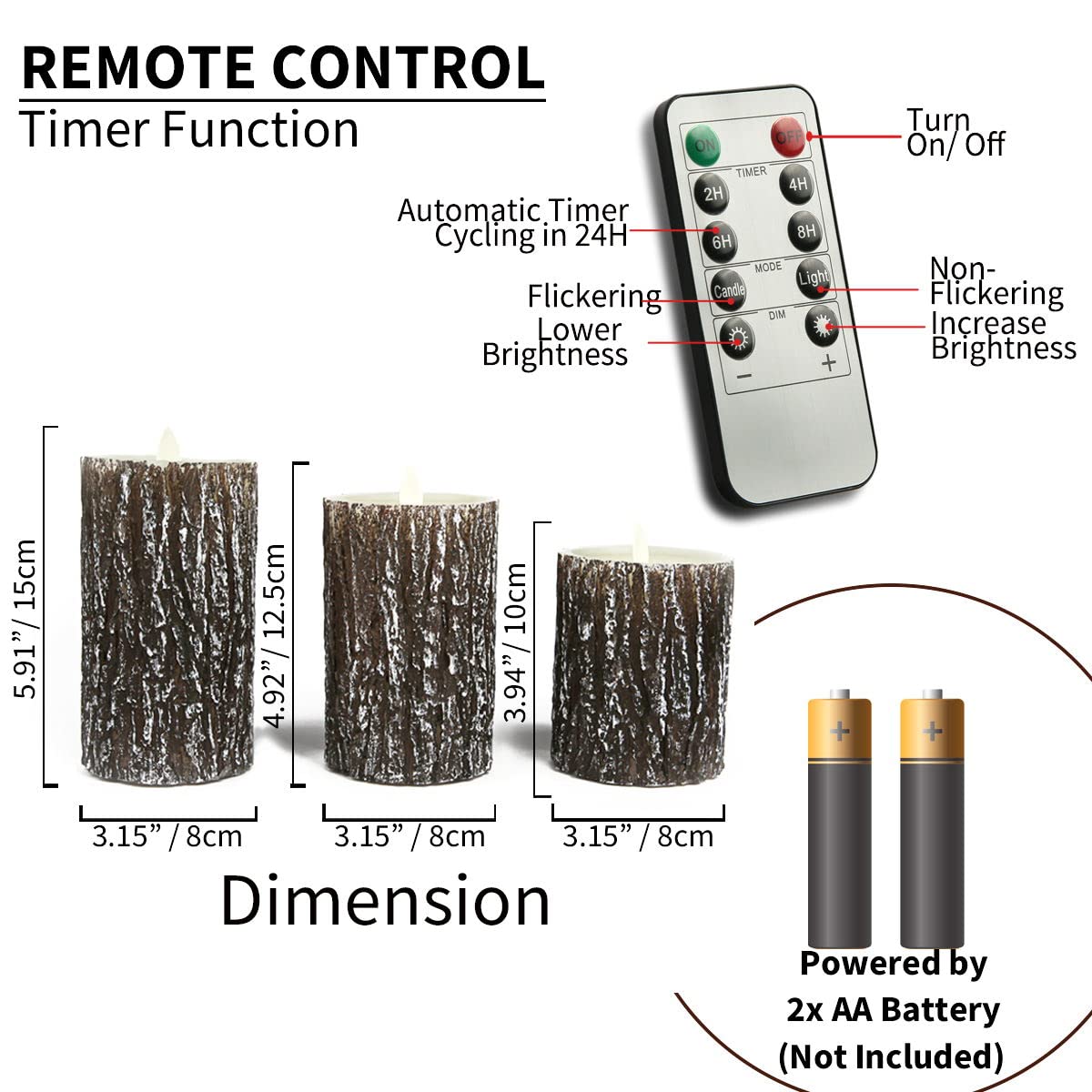 NICEME LED Pine Bark Flameless Candles Set of 3 with Remote Timer Real Wax Battery Operated Candles Flickering Moving Wick Electric Decorative Pillar Bark Candles