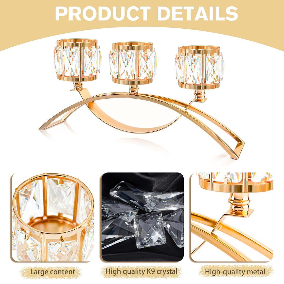 3 Arms Crystal Bowl Tealight Candelabra Votive Candle Stand, Candlestick Holders Wedding centerpieces for Tables Crystal Candlestick，Centerpiece Table Decorations (Gold)