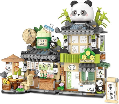 Street View Tea Shop Mini Building Blocks MOC Creative Building Toys Cute Panda Animals Building Set for Girls 6-12 Simulation Architecture Construction Toy Gift Idea for Kids Adults (860PCS)