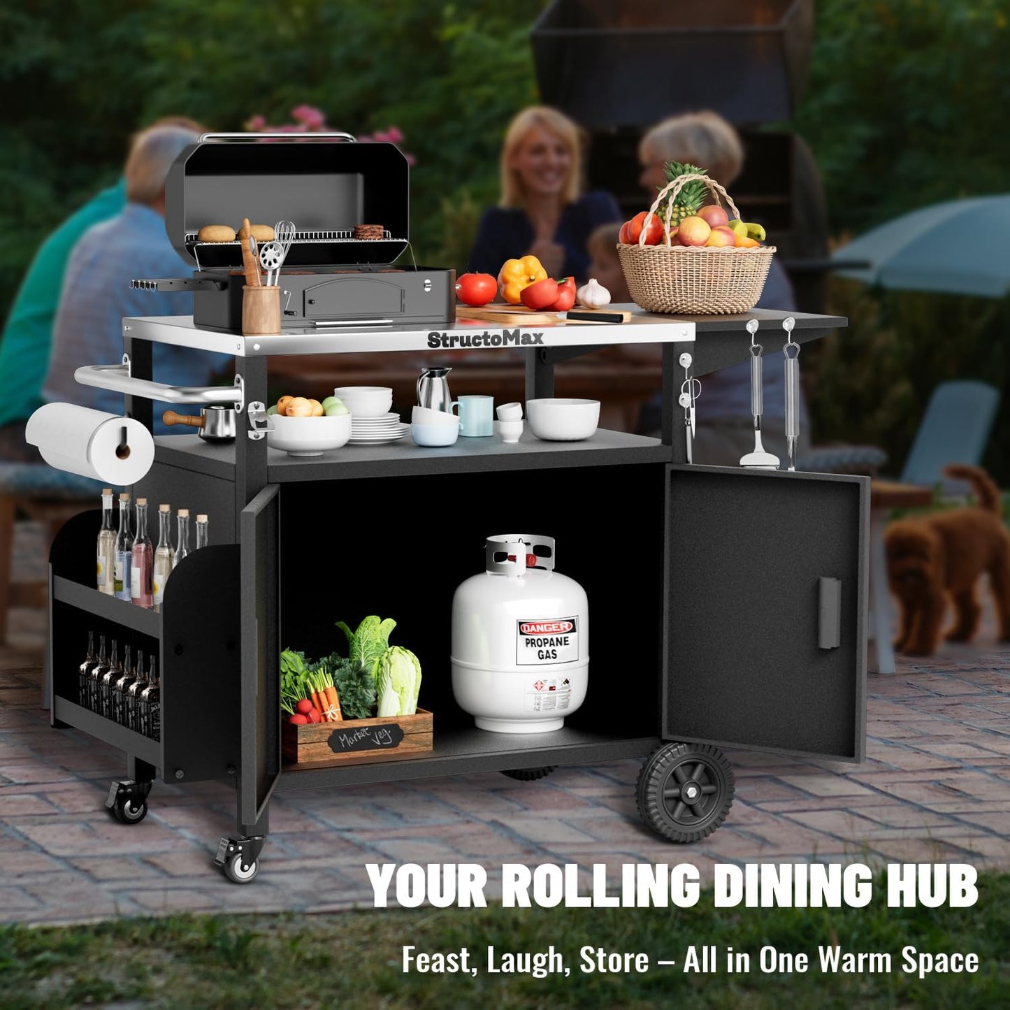 StructoMax XL Outdoor Grill Cart with Cabinet, Extra-Wide Stainless Steel Table Top, Large Spice Rack & Lockable Wheels, Outdoor Kitchen Island Grill Table for BBQ, Cooking & Prep