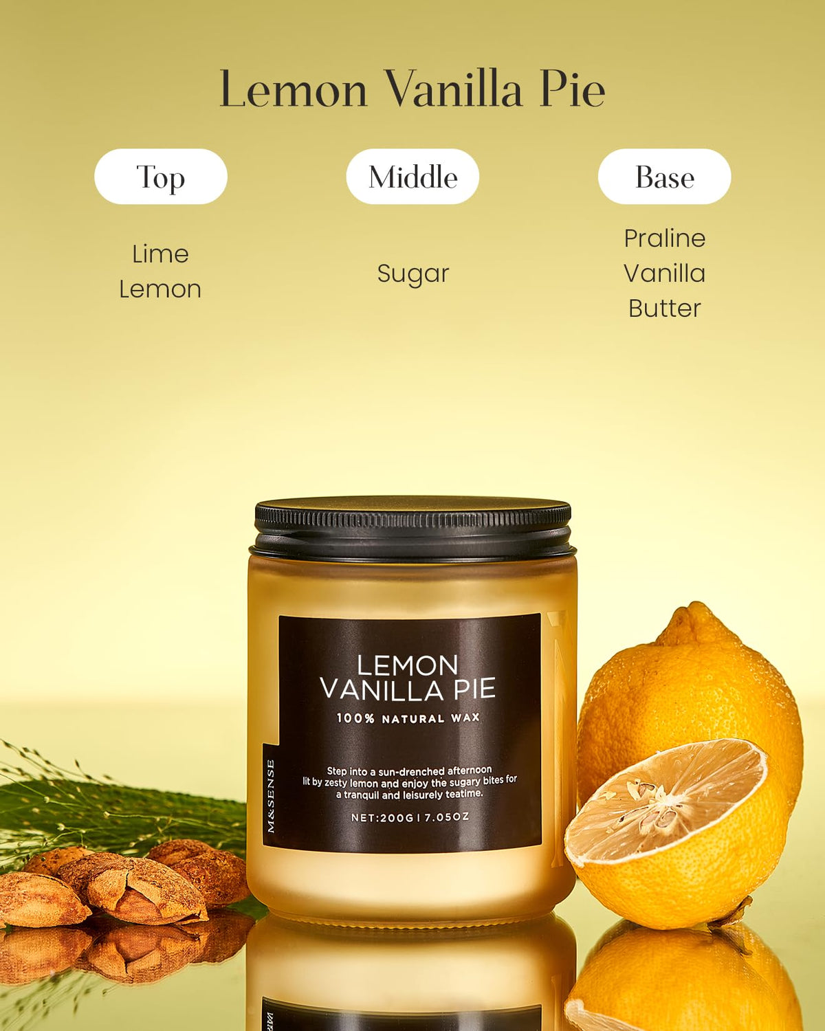 M&SENSE Lemon Vanilla Scented Candles for Home, 7.05oz Natural Soy Wax, 50 Hours Non Toxic Clean Burning, Citrus Smelling Gifts for Relaxation Stress Relief, Home Candle for Women Men