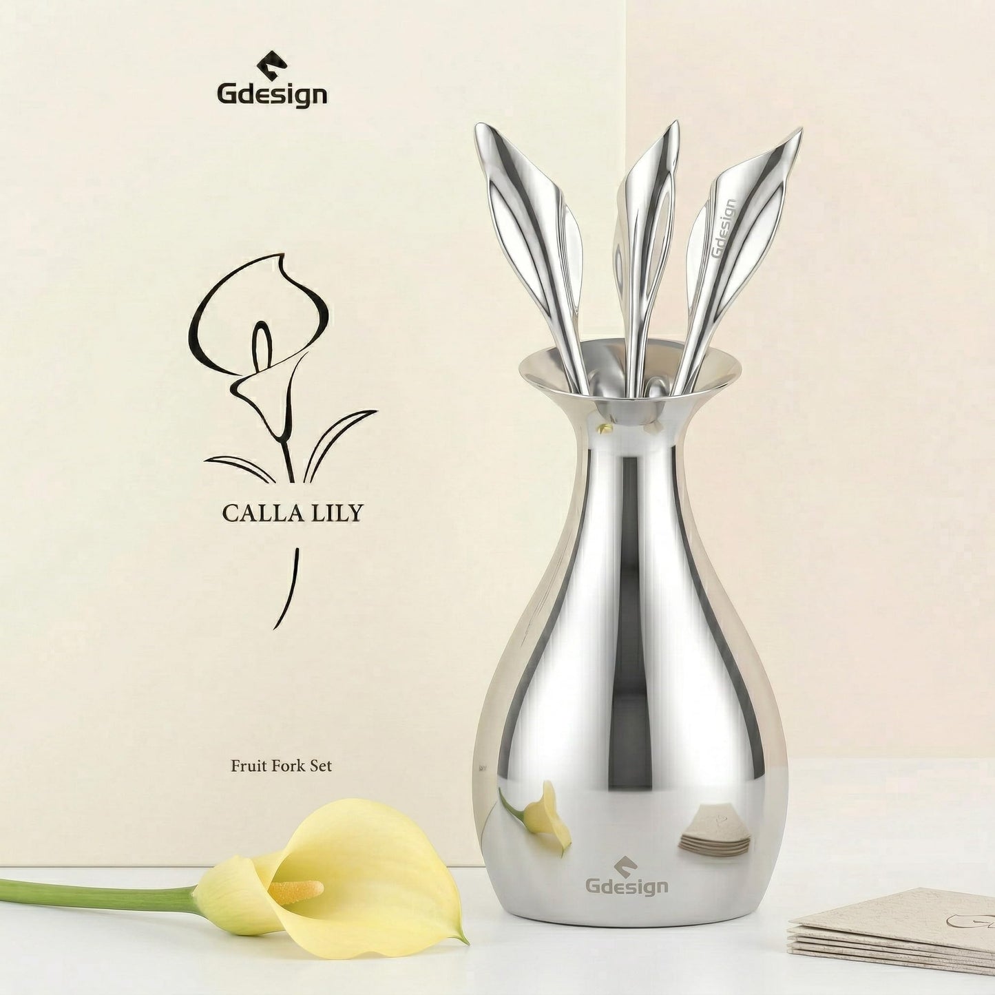 Gdesign Calla Lily Fork Set – Elegant Stainless Steel Base Holder with 3 Mini Forks (5.12"), Perfect for Appetizers, Fruit, Dessert, Cake & Salad, Gift Box Included