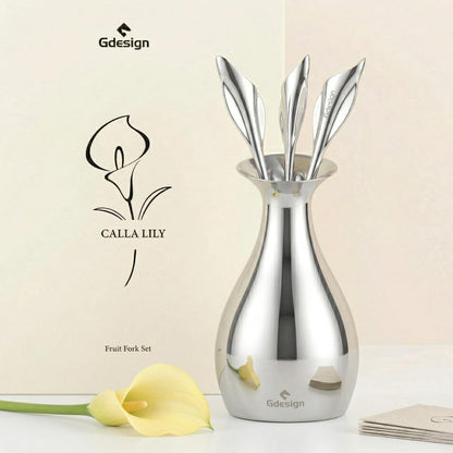Gdesign Calla Lily Fork Set – Elegant Stainless Steel Base Holder with 3 Mini Forks (5.12"), Perfect for Appetizers, Fruit, Dessert, Cake & Salad, Gift Box Included