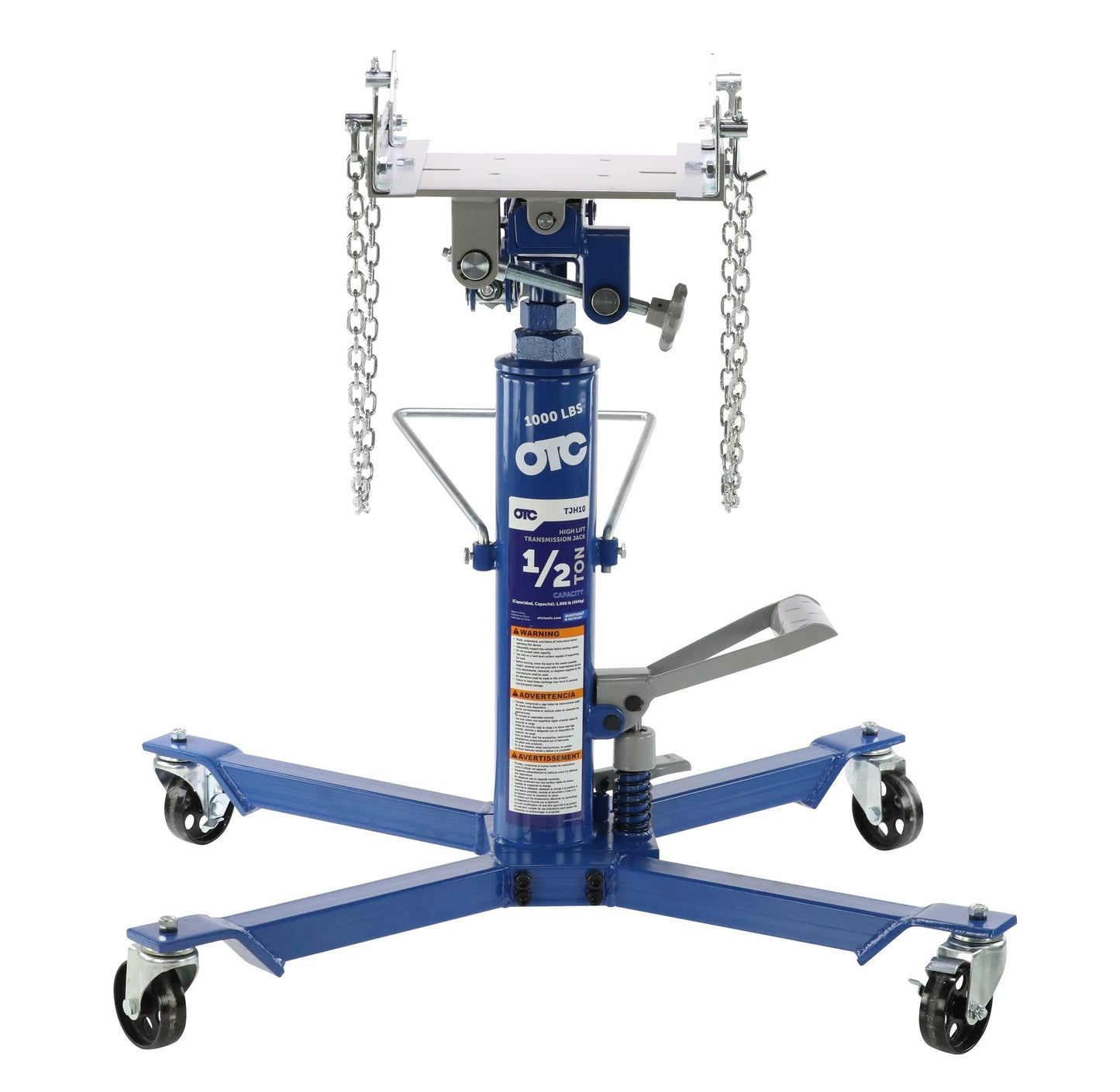 OTC TJH10 1,000 LB. Capacity High-Lift Transmission Jack with Universal Saddle, Tilting Head, Safety Chains, and Foot Operated Pump and Lowering Pedal