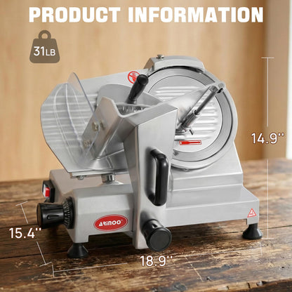 ARINOO 8.5''Commercial Meat Slicer, Electric Food Slicer with Carbon Steel Blade and Sharpening Stone, Deli Food Slicer for Frozen Meat, Cheese, and Bread, Easy to Clean for Home & Restaurant Use