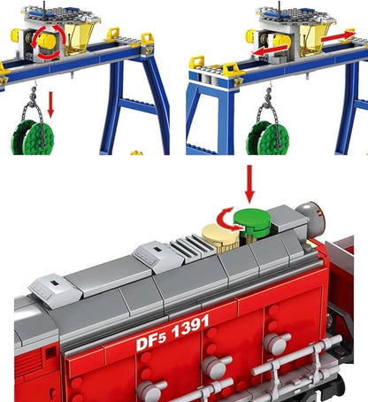 General Jim's Red Diesel Cargo Train Building Blocks Set - 1000+ Piece City Series with Automatic Running System Railway Tracks and Truck - L Gauge - Compatible w/Major Brick Brand Tracks - GJ-EBRT