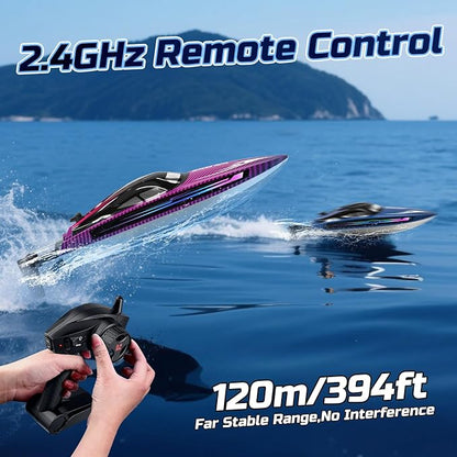 Remote Control Boat for Adults 25+ KMH Fast RC Speed Boat with LED Light for Kids Self-righting Demo WF17 Ideal Pools and Lakes Toys 2 Rechargeable Batteries for 30-40 Mins Purple
