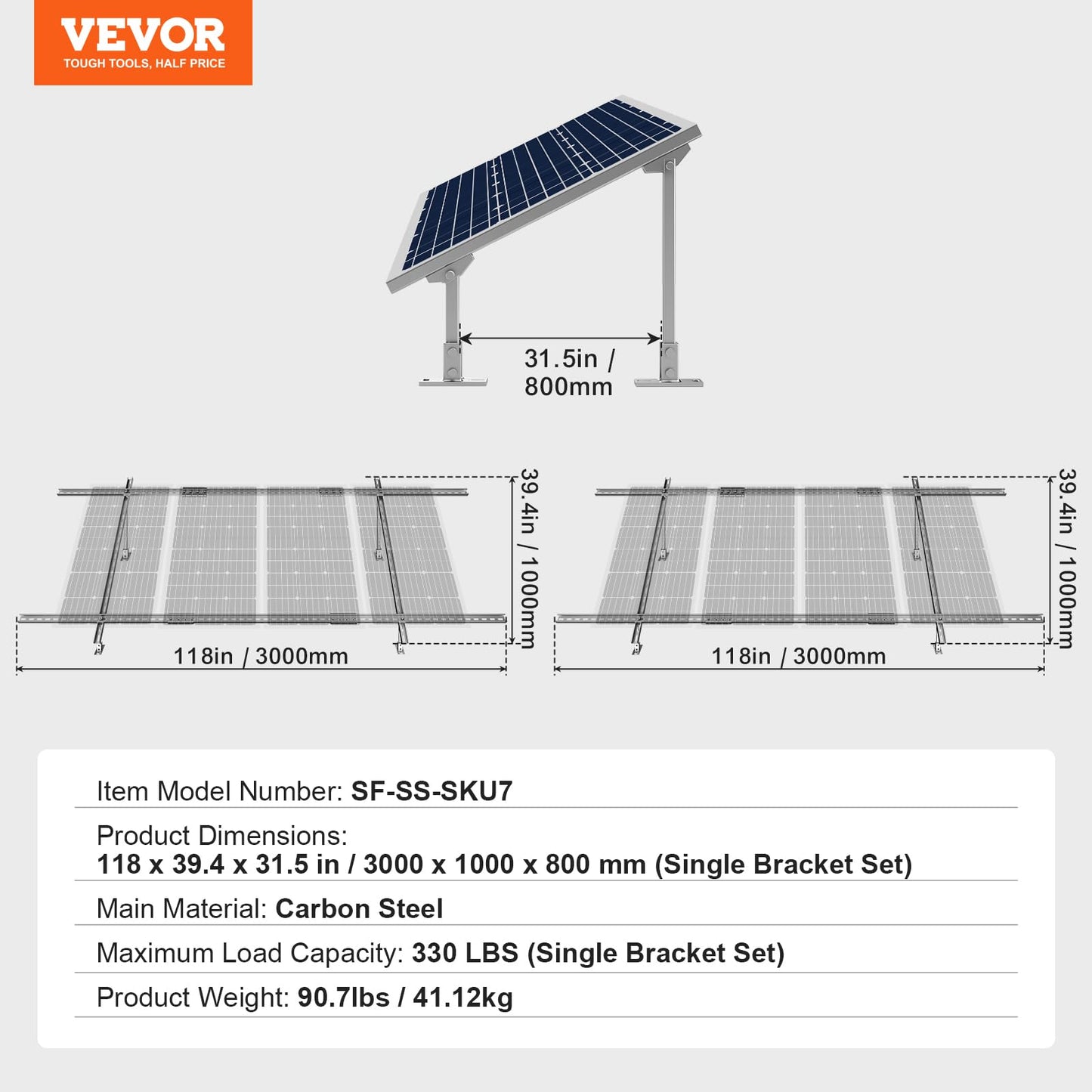 VEVOR 2-Set Solar Panel Mounting Brackets, 30°-60° Adjustable Multi-Piece Brackets for 4-8pcs Panels, Carbon Steel Ground Mount Stand for Farms, RVs, Boats, Off-Grid