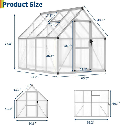 6x7FT Polycarbonate Greenhouse Kit for Outdoors – Sturdy Aluminum Frame, UV Protection, Lockable Door, Walk-in Design, Roof Vent, Easy Assembly for Garden, Patio, or Backyard