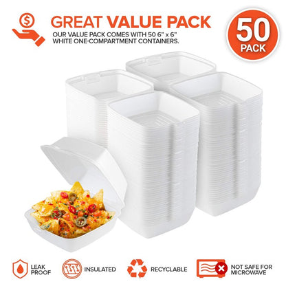 Stock Your Home 6x6 Clamshell Take Out Boxes (50 Pack) Small 1-Compartment Foam Food Containers Disposable Lunch Container, Restaurant Togo Trays with Hinged Lids for Takeout, Carryout, and Meal-Prep