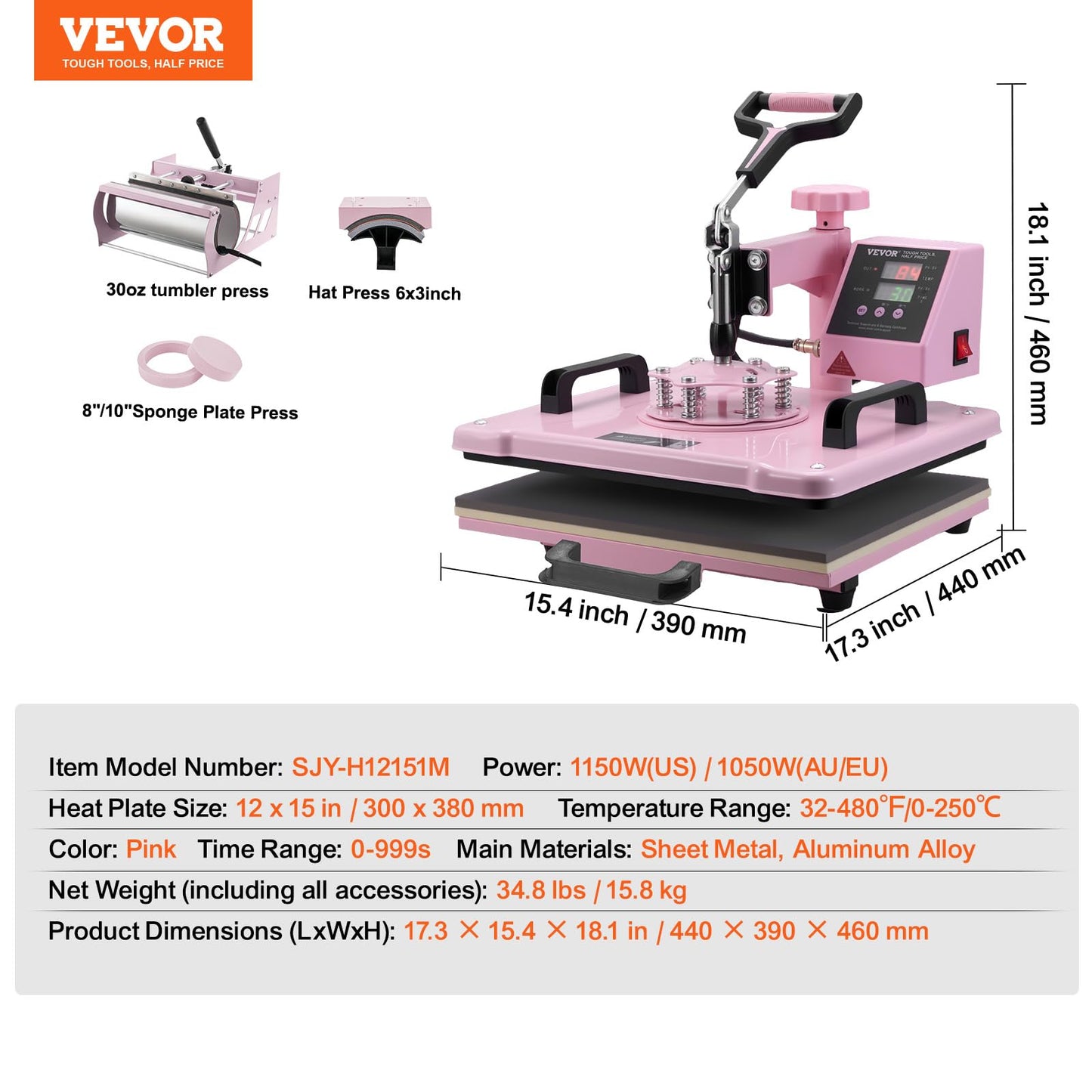 VEVOR Heat Press Machine 5 in 1 Combo with 30 OZ Tumbler Press & Hat Press, Slide Out 12x15 Inch Heat Press Sublimation Machine for T-Shirts, Hats Caps Tumblers Glass Cans Mugs, and Plates (Pink)