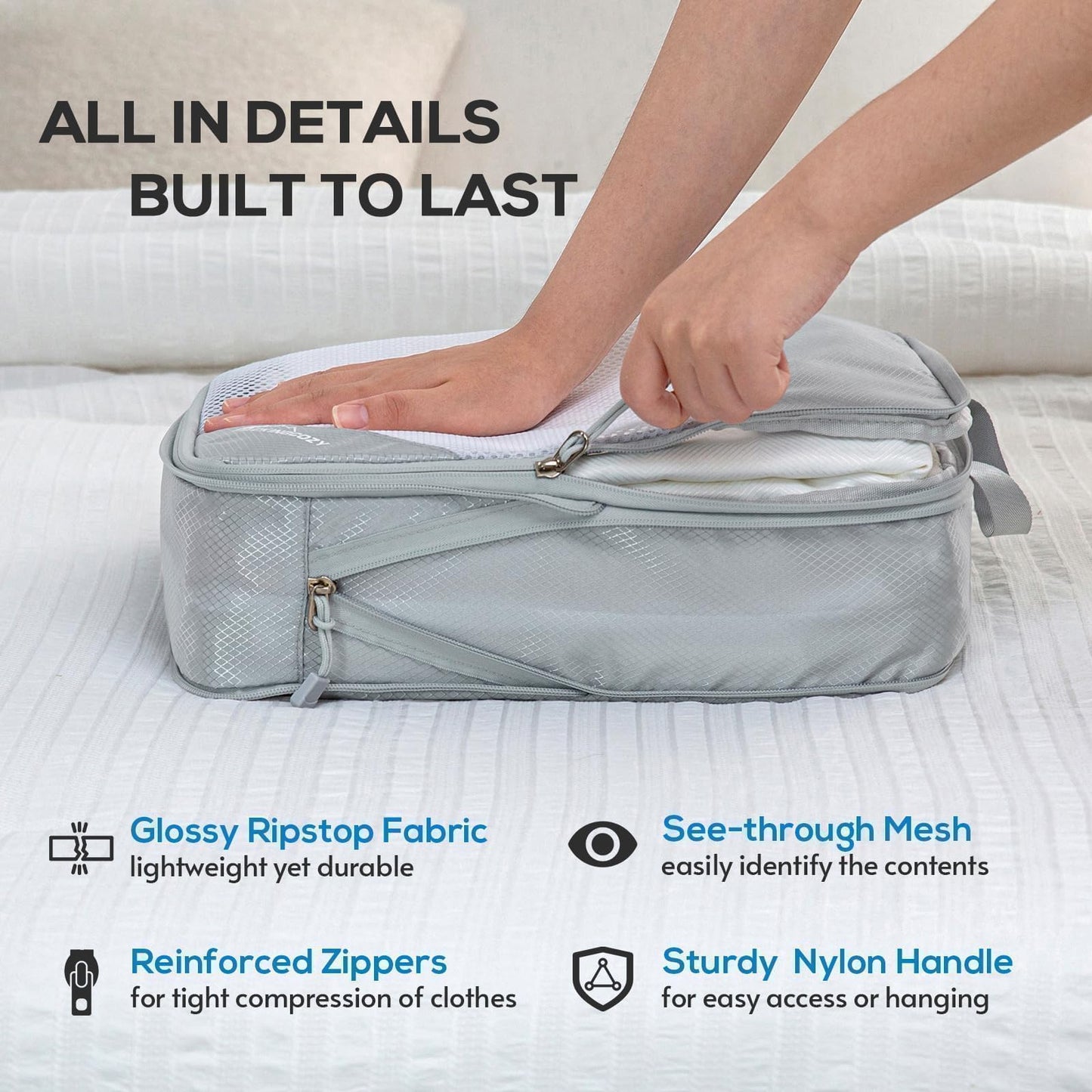 Compression Packing Cubes, 5 Set Packing Cubes for Travel Compression, Lightweight Compressible Package Organizer for Carry On and Suitcases, Light Grey