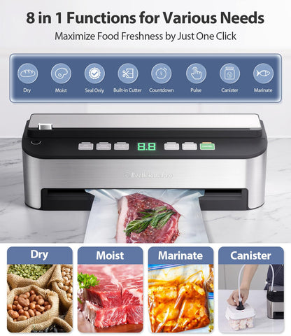 PressFree TRUE-Auto Vacuum Sealer Machine, Beelicious 85KPA Fully Automatic 8-IN-1 Food Sealer with Bags Storage, Build-in Cutter, Moist Mode and Air Suction Hose |Sous Vide | Digital Countdown