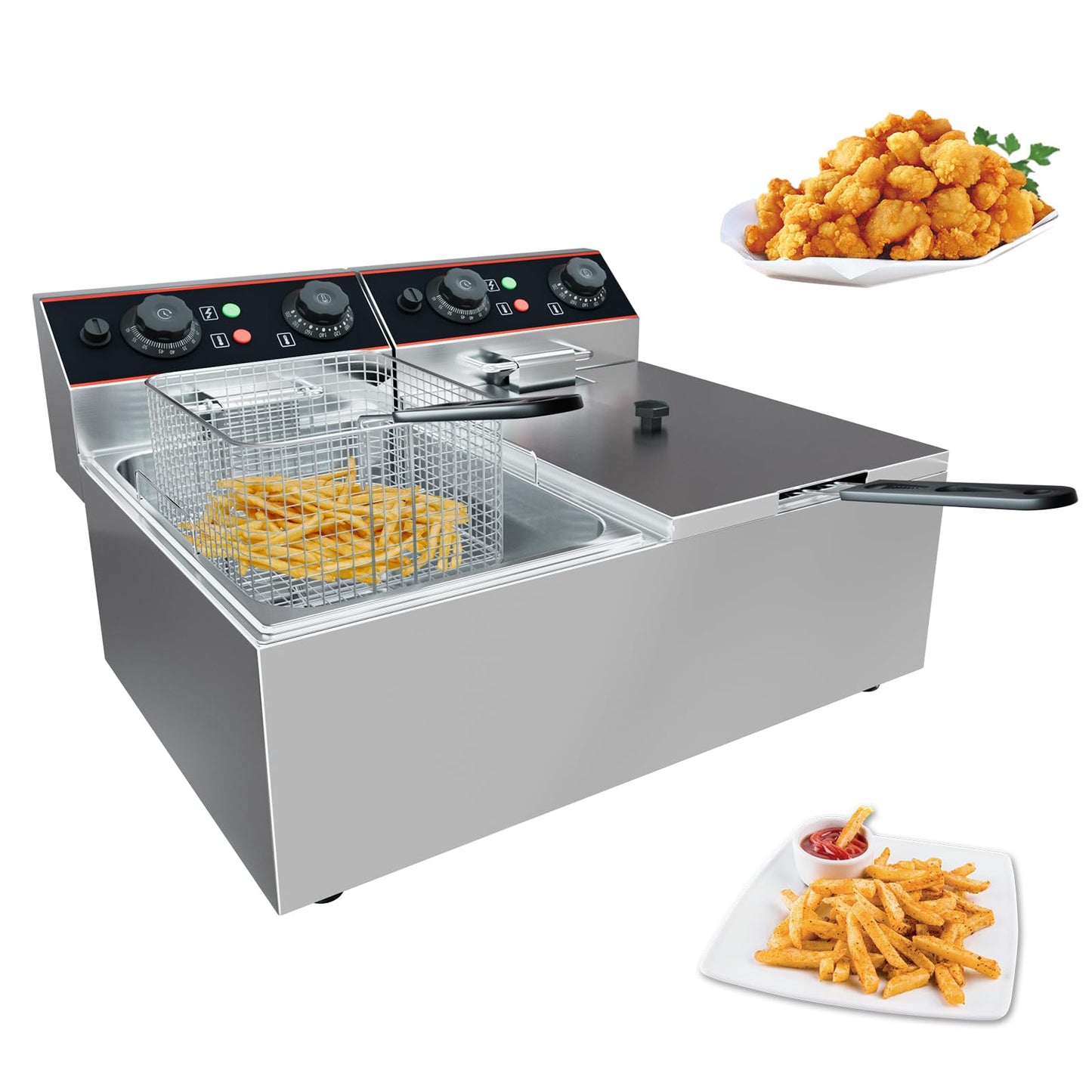 Garvee Dual-Tank Commercial Deep Fryer, 2 x 11.6 QT Stainless Steel Countertop Fryer Machine with Baskets and Lids, 3000W Oil Fryer with Temperature Control for Home and Restaurant Use