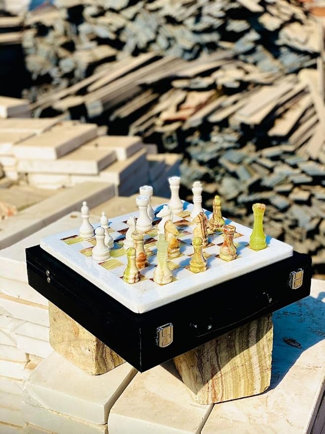 Marble Chess Set Handmade Onyx Full Chess Game Set.Comes in Rexine Box Packaging. Perfect for Gifting (White Green)