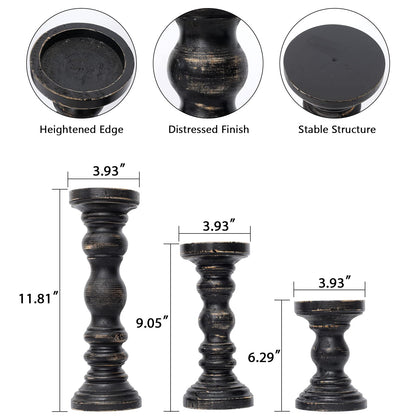 SWALLOWLIVING Rustic Farmhouse Wood Pillar Candle Holder Set of 3 for Candlestick, Black