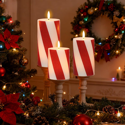 Wondise Christmas Red Stripes Glitter Flickering Flameless Candles with Remote Timer, Battery Operated Pillar Candles Real Wax LED Candles for Home Christmas Decoration Gift(D3 x H4 x5 x6)