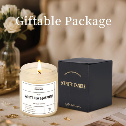 White Tea & Jasmine Candle for Home Scented| Natural Soy Non Toxic Candles| Long Clean Burning Aromatheraphy Jar Candel| Women,Men Gift for Autumn,Winter, Halloween,Relaxing| 9oz