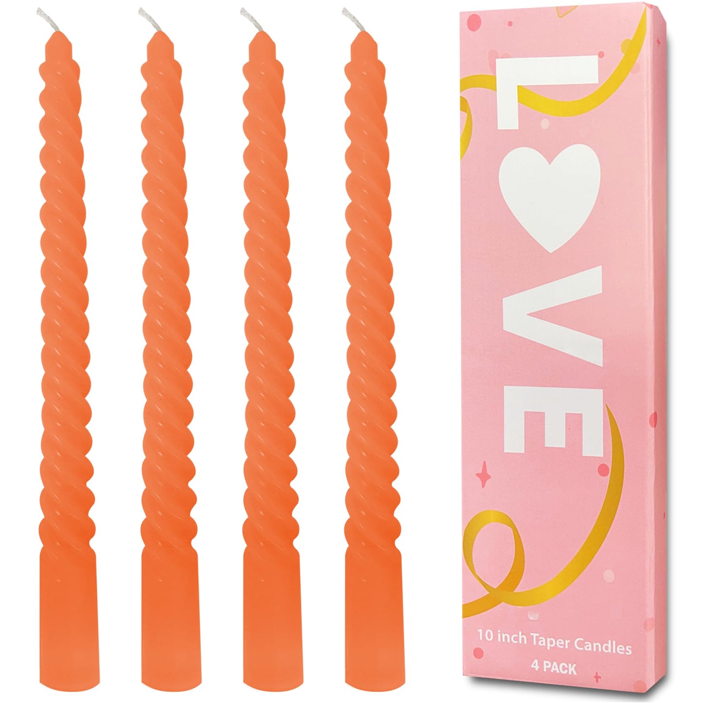 Topsics Orange Taper Candles, Spiral Twisted Taper Candles Set of 4, Unscented Taper Candlesticks 10 inch Tall, Home Decor Kitchen Decor Wedding Halloween Decorations