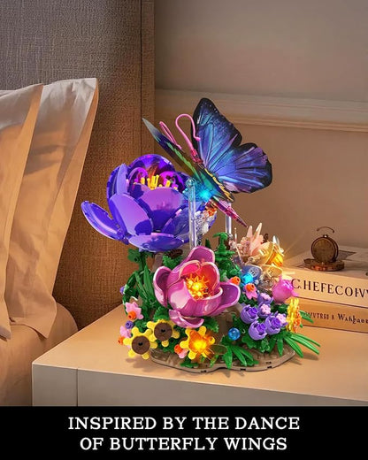 JMBricklayer Butterfly Building Set with Light for Adults Botanical Flowers Collection Building Blocks Set Creative Birthday Valentine's Day Gift for Women Mom Girlfriend Wife