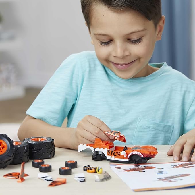 MEGA Hot Wheels Monster Trucks Building Toy Playset Tiger Shark with 187 Pieces 1 Micro Action Figure Driver Orange and Black Kids Age 5+ Years