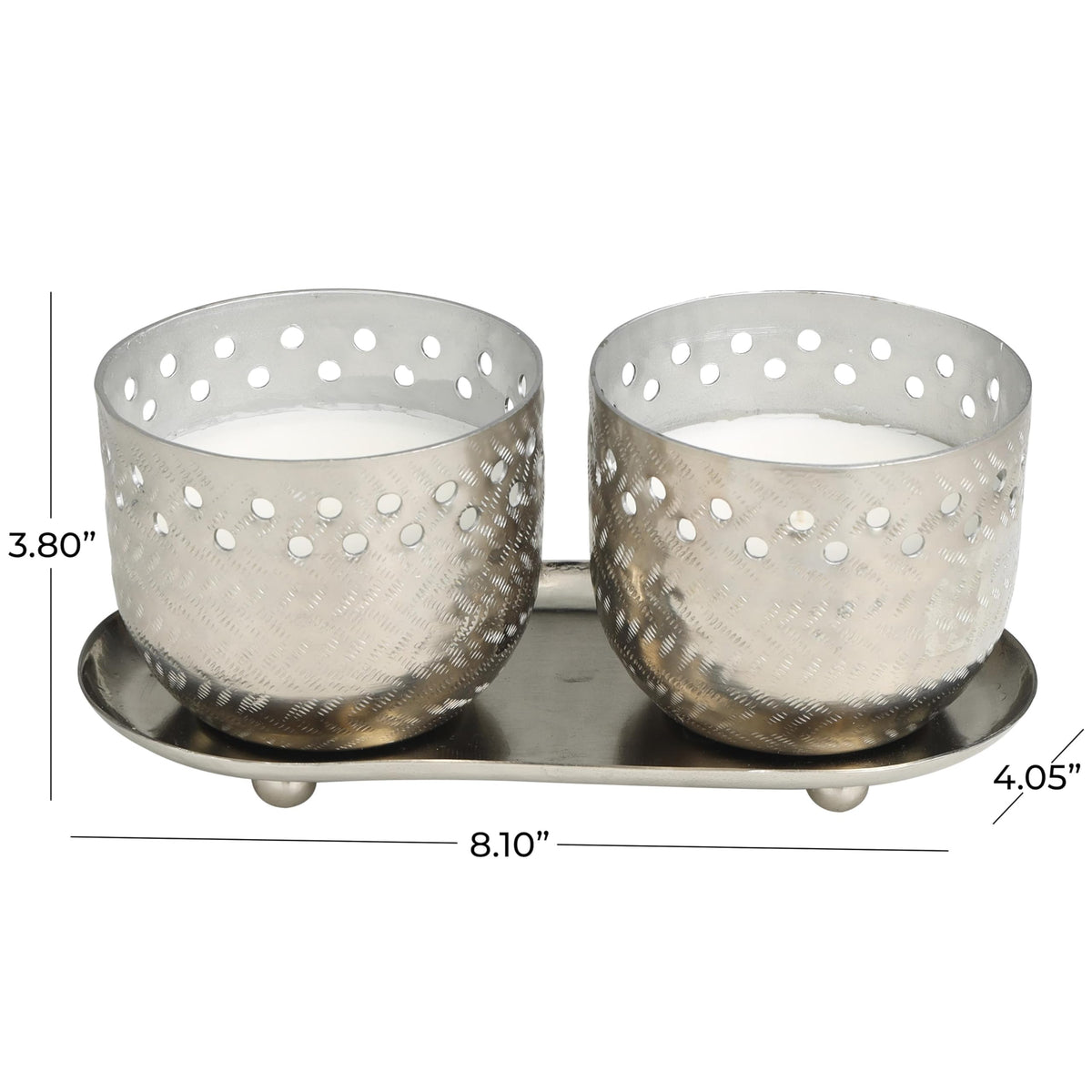 Deco 79 Metal Decorative Candle White Sage Scented Cutout Spotted 7 oz 1 Wick Aromatherapy Candle with White Wax, Set of 2 Wax Aromatherapy Candle 8" W, 4" H, Silver