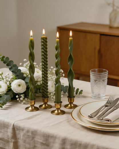 Olive Green Taper Candles Spiral Candlesticks Unscented Smokeless Tall Candles for Wedding Holiday Dinner Party Home Decorative candles-10inch,4pcs
