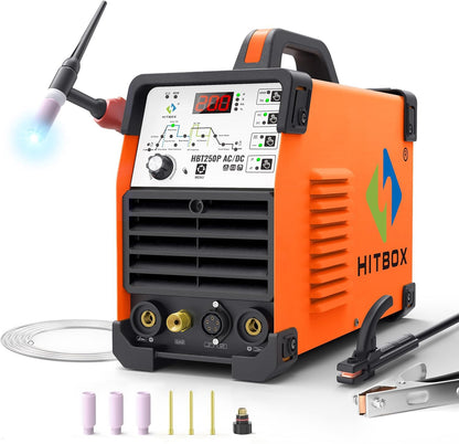 HITBOX 200A AC/DC TIG Welder 6-in-1 with Pulse & Square Wave, HF Start Aluminum TIG, MMA/Stick Welding, 220V IGBT Inverter, Dual Cooling Fan, Digital Display, Foot Pedal Compatible (HBT250P)