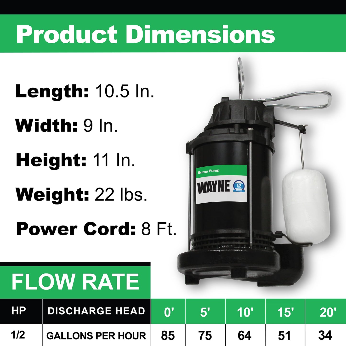 WAYNE CDU800 1/2 HP Submersible Sump Pump – Cast Iron & Stainless Steel, Vertical Float Switch, 5,100 GPH, 3-Year Warranty