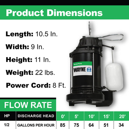 WAYNE CDU800 1/2 HP Submersible Sump Pump – Cast Iron & Stainless Steel, Vertical Float Switch, 5,100 GPH, 3-Year Warranty