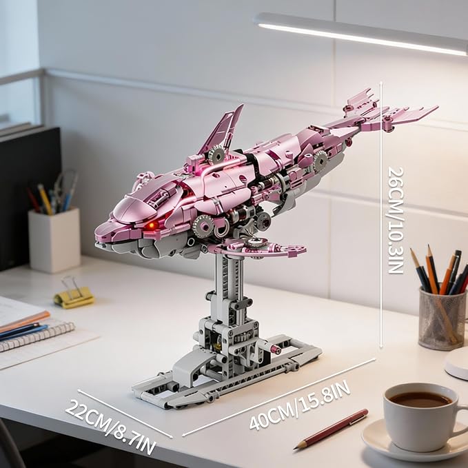 Mechanical Pink Dolphin Building Blocks Set Hand-Operated Motion Detailed Gear Design Display &amp Play Model Futuristic Ocean Animal Model