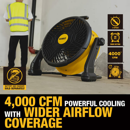 DEWALT Industrial High-Velocity Floor Fan AC/DC Dual Power Supply, 270° Adjustable Tilt Design 3-Speed 4000 CFM 6 ft Cord 18-Inch Barrel Fan, DXF1850B (Tool Only)